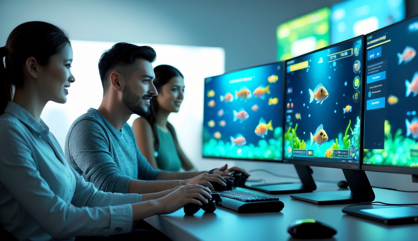 Dua pemain dewasa fokus bermain permainan tembak ikan 3D di komputer dengan layar menampilkan animasi ikan bawah laut.