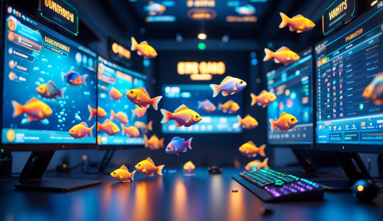 Suasana permainan tembak ikan 3D online dengan ikan berwarna-warni di layar komputer dan tampilan turnamen yang menarik.