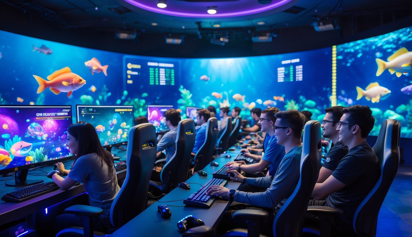 Sekelompok orang bermain permainan tembak ikan 3D secara online di ruang gaming modern dengan layar besar dan suasana yang cerah.
