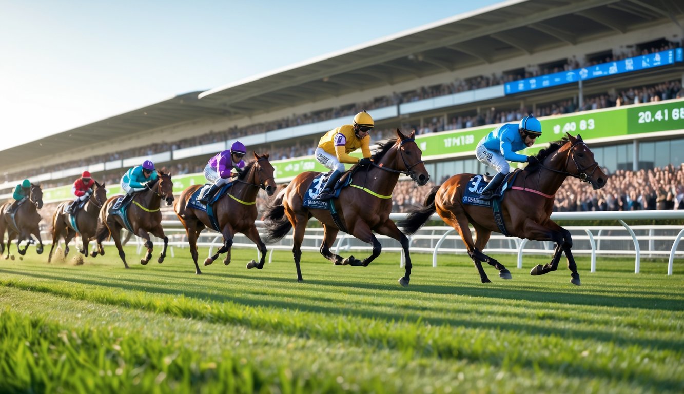 Beberapa kuda pacuan berlari kencang dengan joki di lintasan balap yang ramai dengan penonton.