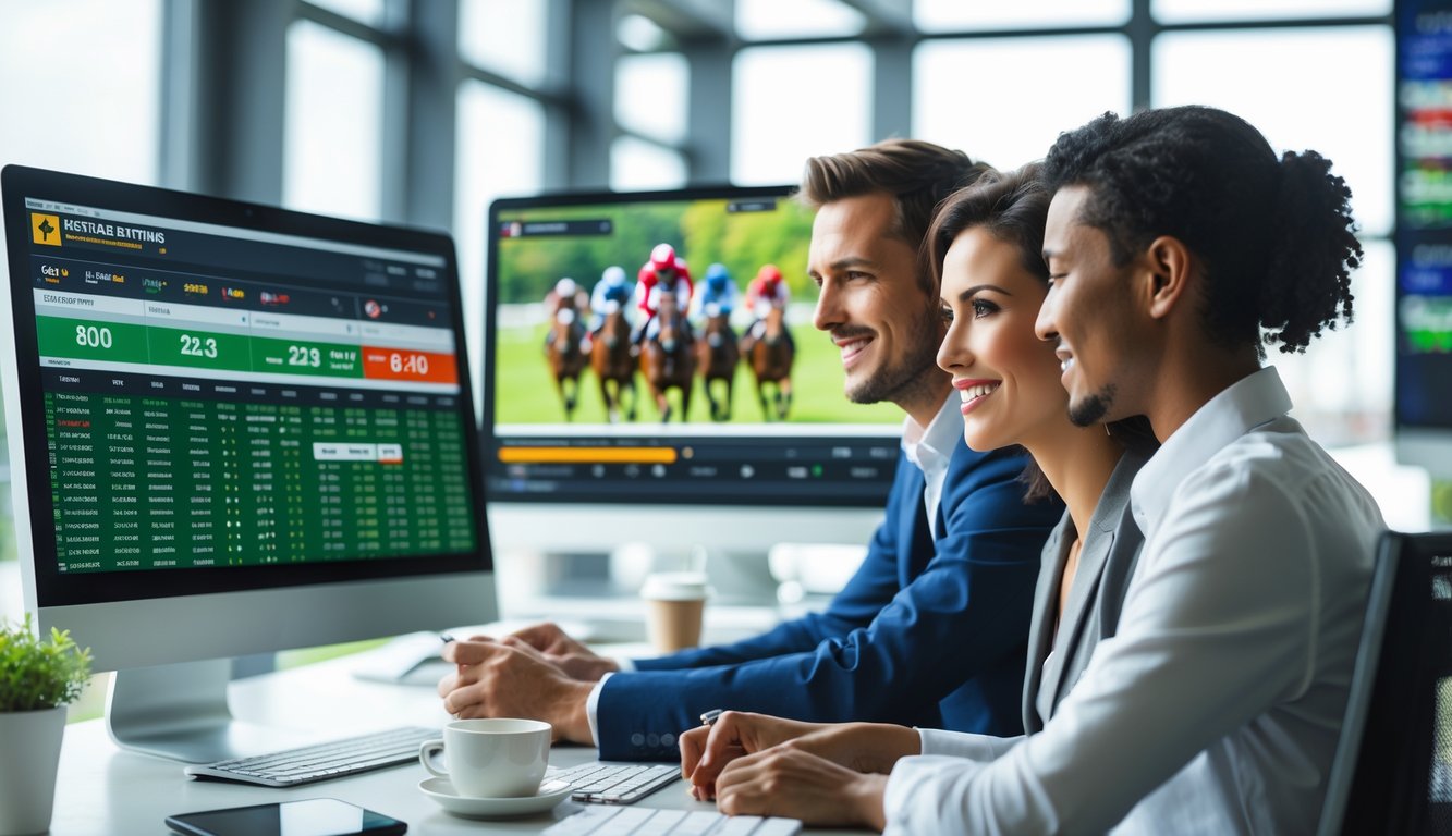 Orang-orang sedang melihat layar komputer yang menampilkan taruhan pacuan kuda online dengan latar belakang balapan kuda yang sedang berlangsung.