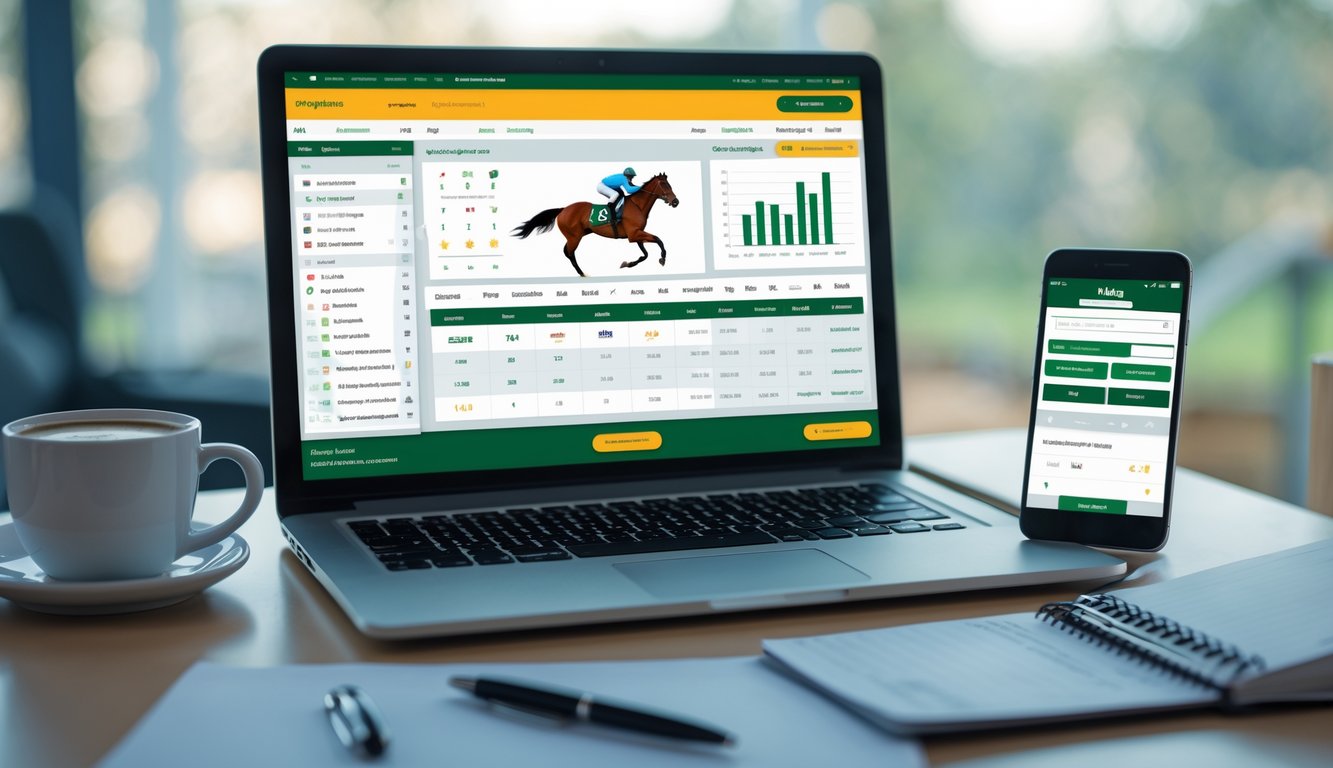 Seorang profesional menggunakan laptop dan ponsel untuk memasang taruhan pacuan kuda secara online di meja kerja yang rapi.