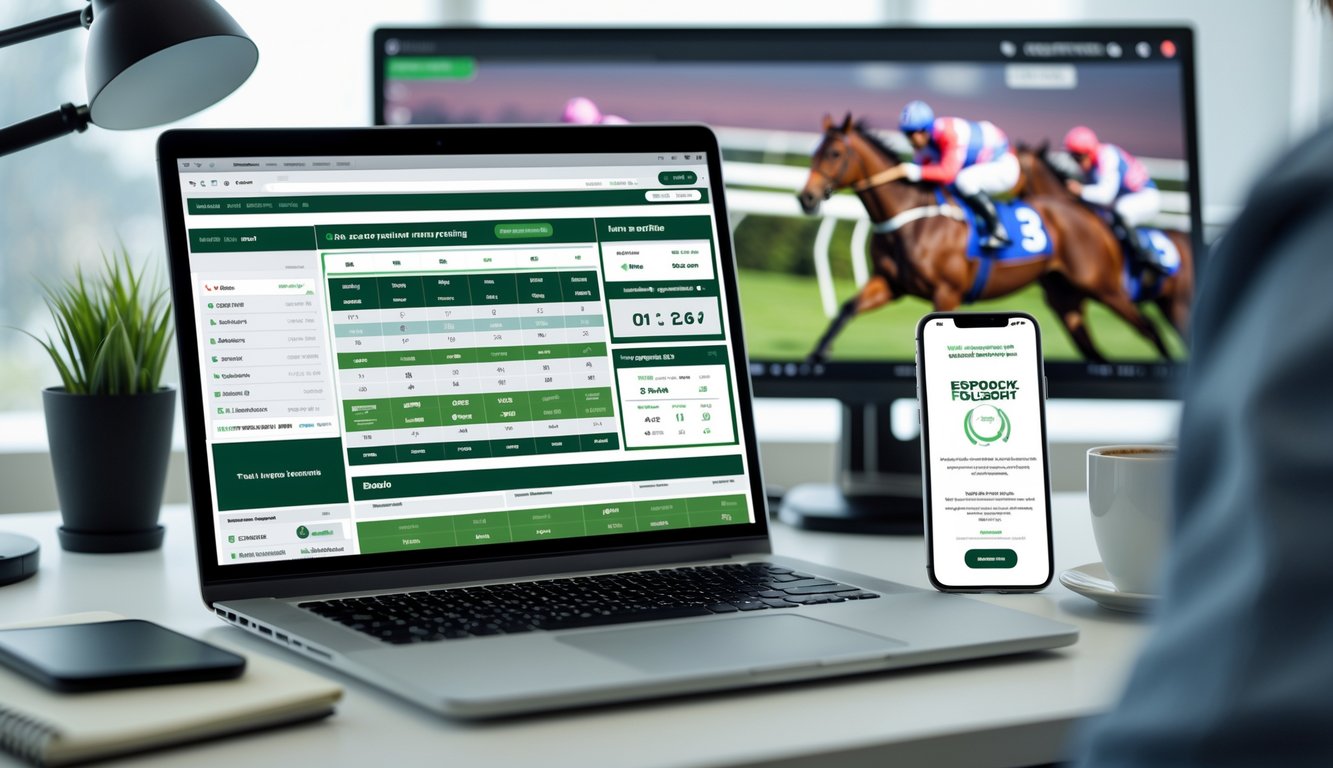 Seorang pengguna bekerja di depan laptop dan smartphone yang menampilkan situs taruhan pacuan kuda online dengan notifikasi deposit cepat, di ruang kerja yang rapi dan terang.