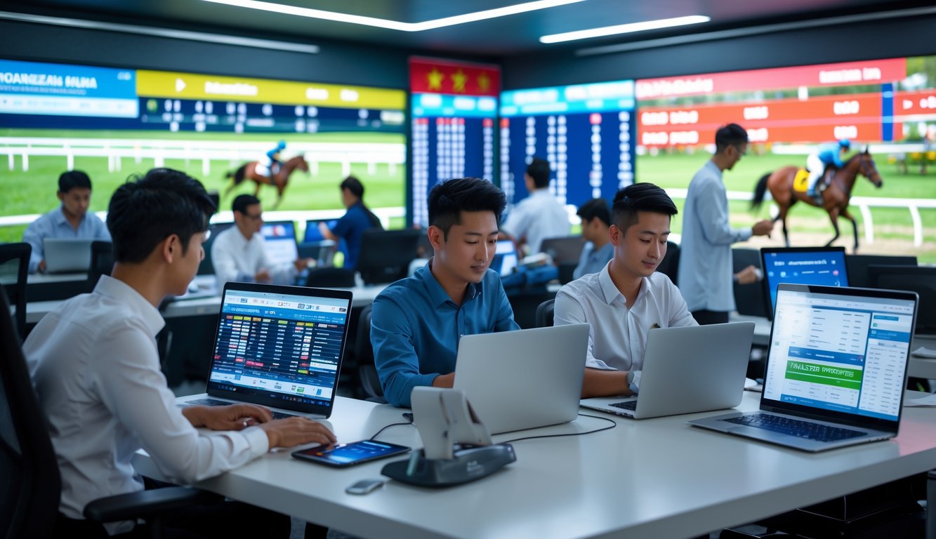 Sekelompok orang muda menggunakan perangkat digital untuk memasang taruhan pacuan kuda secara online di sebuah kantor modern yang terang dan profesional.