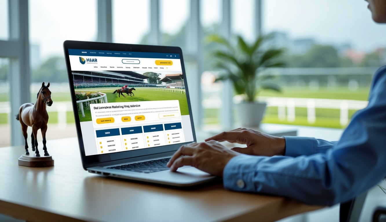 Seorang profesional menggunakan laptop di kantor yang terang dengan dekorasi bertema pacuan kuda, menunjukkan platform taruhan pacuan kuda online yang resmi dan aman.
