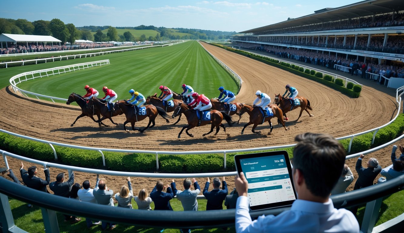 Lomba pacuan kuda dengan joki sedang berlomba di lintasan dan penonton di tribun yang bersorak.