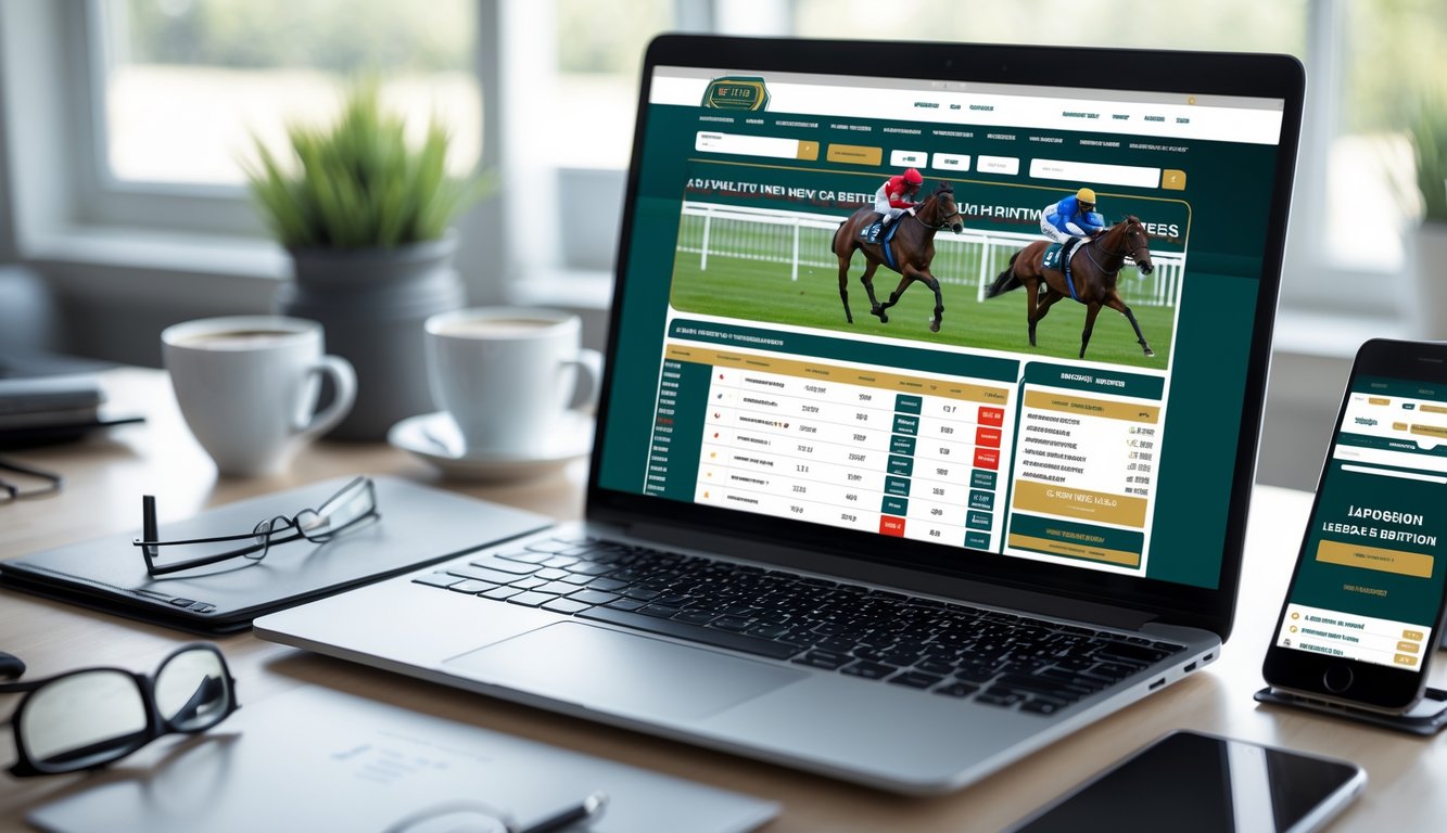 Seorang pengguna sedang melihat situs taruhan pacuan kuda online di laptop dan perangkat digital lainnya di meja kerja.