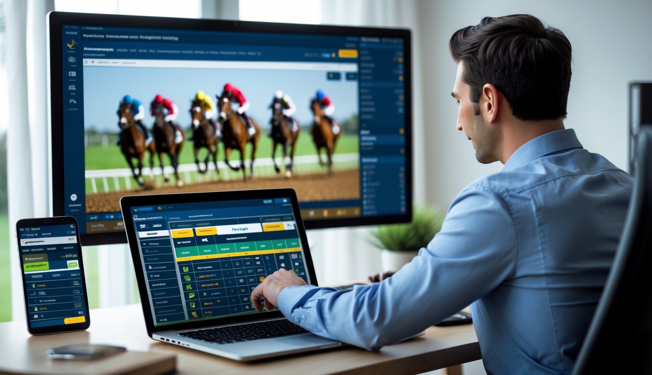 Seseorang menggunakan komputer dan perangkat lain untuk menonton pacuan kuda secara langsung dan memasang taruhan online di ruang kerja yang rapi.