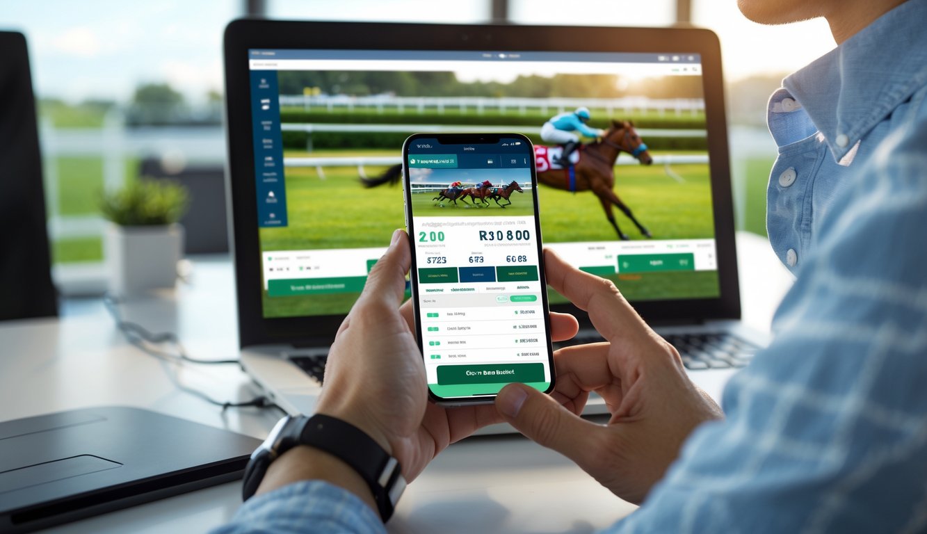 Seseorang menggunakan laptop dan ponsel untuk memasang taruhan pacuan kuda online dengan layar besar menampilkan balapan kuda di latar belakang.