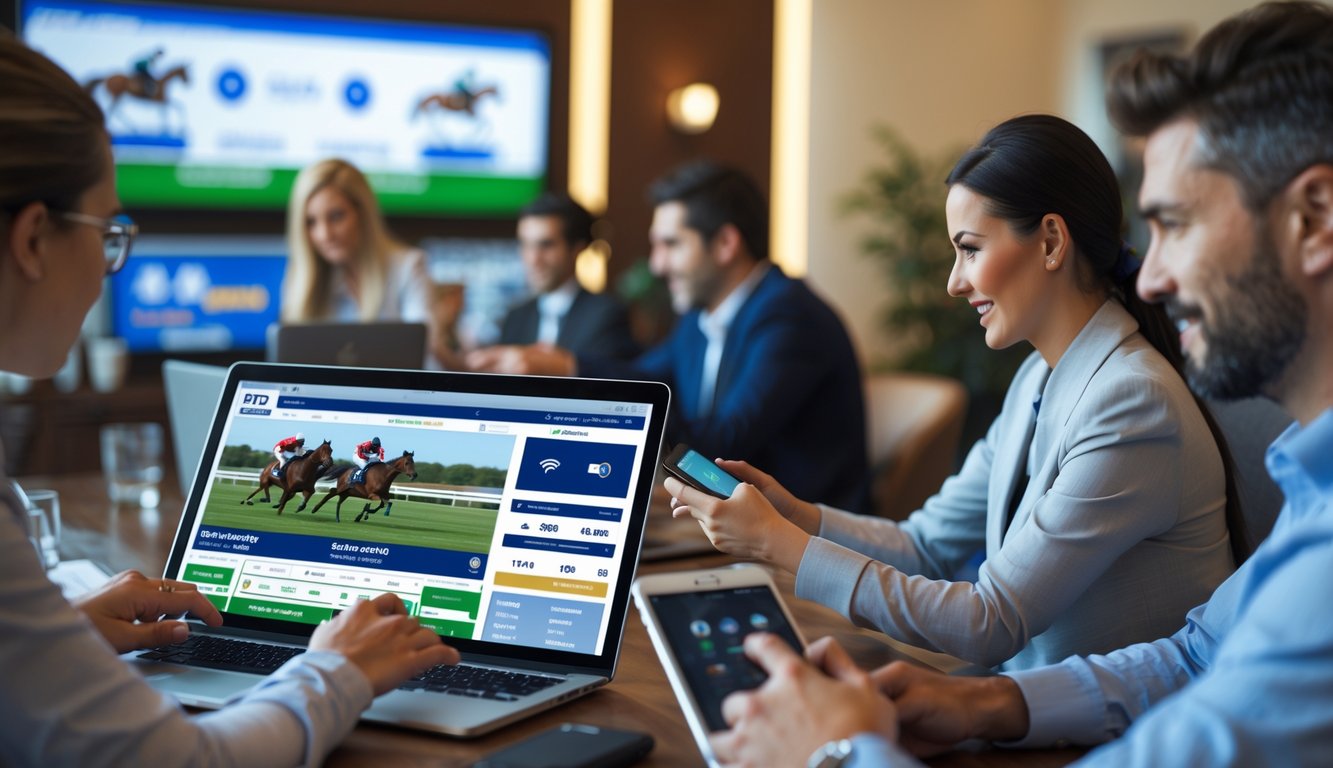 Beberapa orang menggunakan perangkat elektronik untuk memasang taruhan pacuan kuda secara online di sebuah ruangan yang nyaman dan terang.