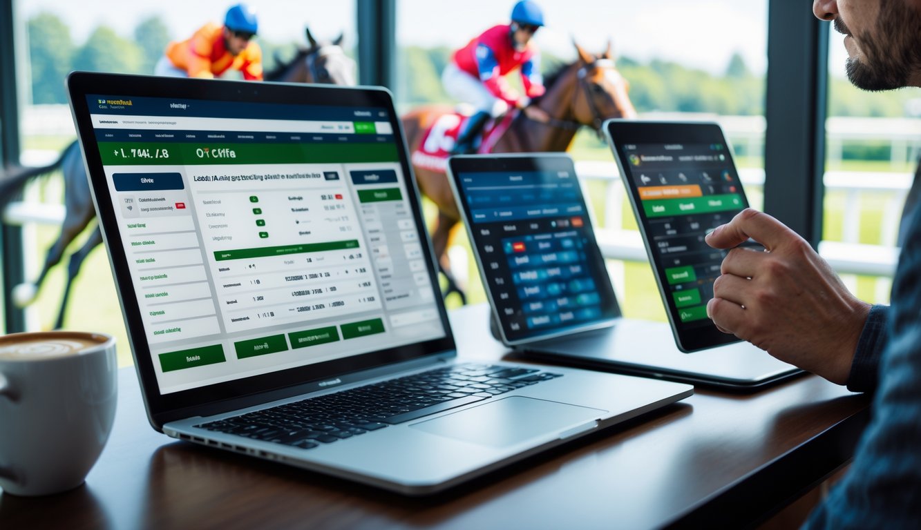Seseorang menggunakan laptop dan tablet di meja kerja dengan layar menampilkan situs pacuan kuda, di latar belakang terlihat layar menayangkan balapan kuda.