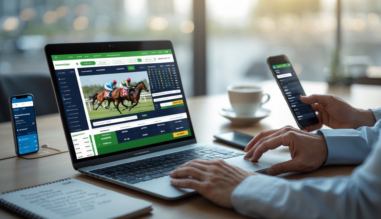 Seseorang menggunakan laptop untuk memasang taruhan pacuan kuda online di meja kerja dengan beberapa perangkat dan catatan di sekitarnya.