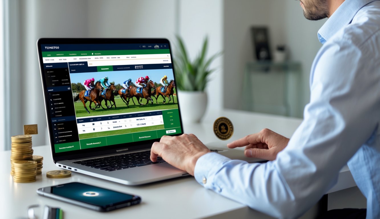 Seseorang menggunakan komputer dengan tampilan taruhan pacuan kuda online di layar, di meja yang rapi dengan suasana ruangan yang terang dan profesional.