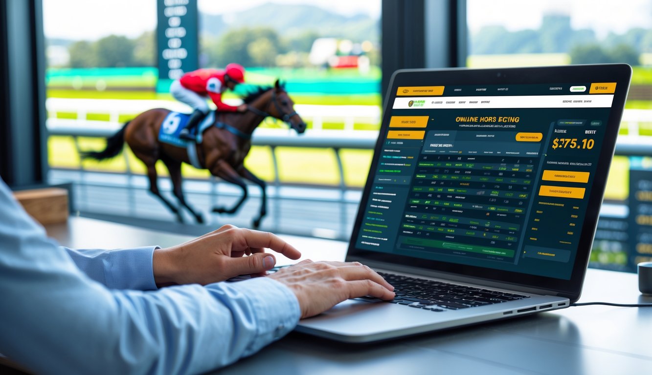 Seorang pengguna sedang menggunakan laptop dengan tampilan situs taruhan pacuan kuda online, di latar belakang terlihat kuda pacuan dan trek balap.