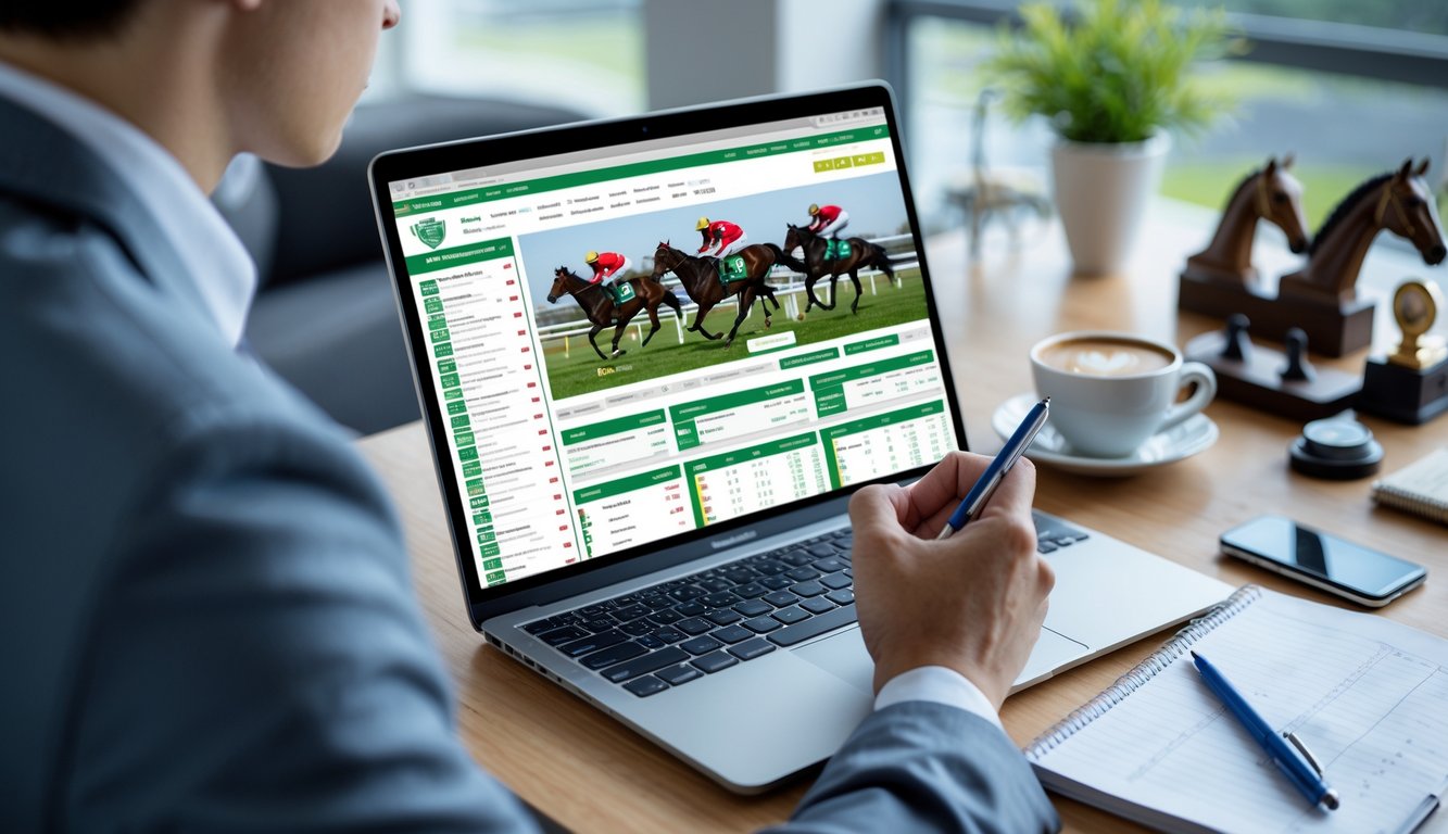 Seseorang duduk di depan laptop yang menampilkan situs taruhan pacuan kuda online, dengan meja kerja yang rapi dan beberapa miniatur kuda pacu di sampingnya.