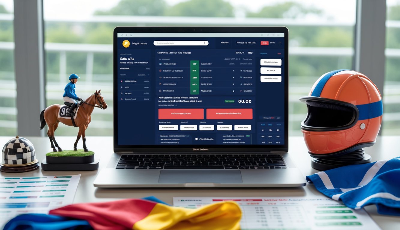 Meja kerja dengan laptop yang menampilkan situs taruhan pacuan kuda, di sekitar meja terdapat miniatur kuda, helm joki, dan perlengkapan pacuan kuda lainnya.