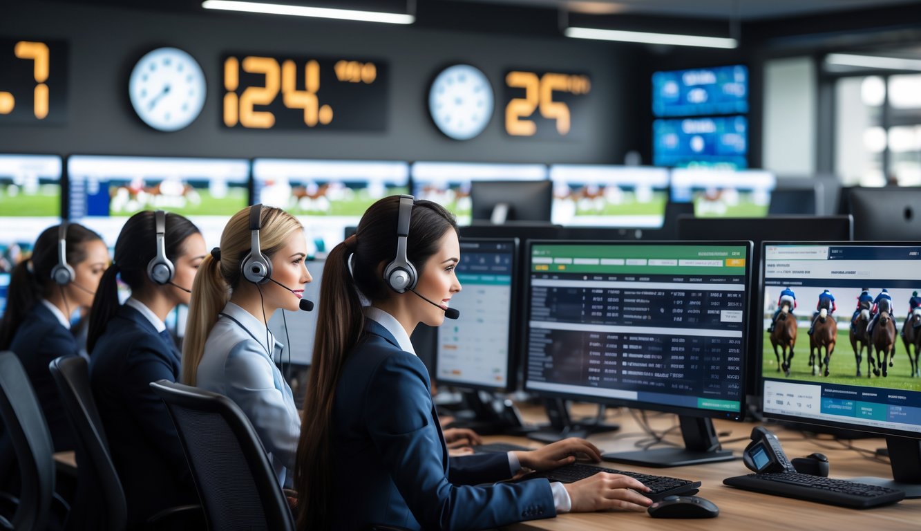 Suasana kantor modern dengan staf layanan pelanggan yang sedang bekerja membantu pelanggan, layar komputer menampilkan data pacuan kuda.