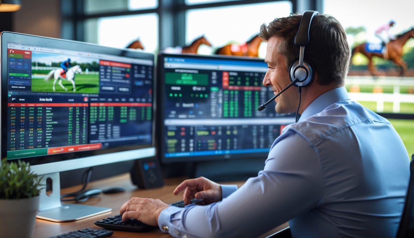 Seorang perwakilan layanan pelanggan sedang membantu klien di depan komputer dengan layar yang menampilkan data pacuan kuda.