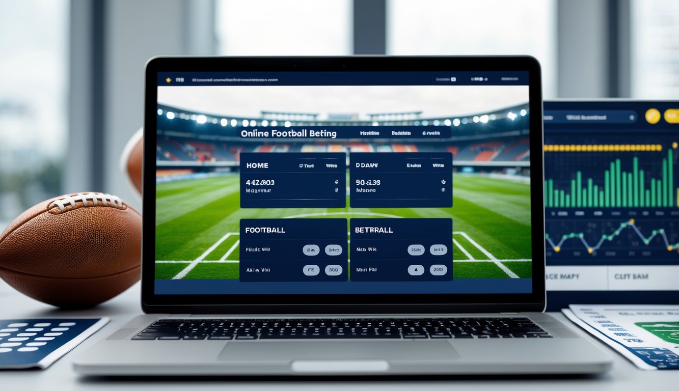 Seorang pengguna sedang melihat layar komputer yang menampilkan situs taruhan sepak bola online dengan bola sepak dan elemen stadion di latar belakang.
