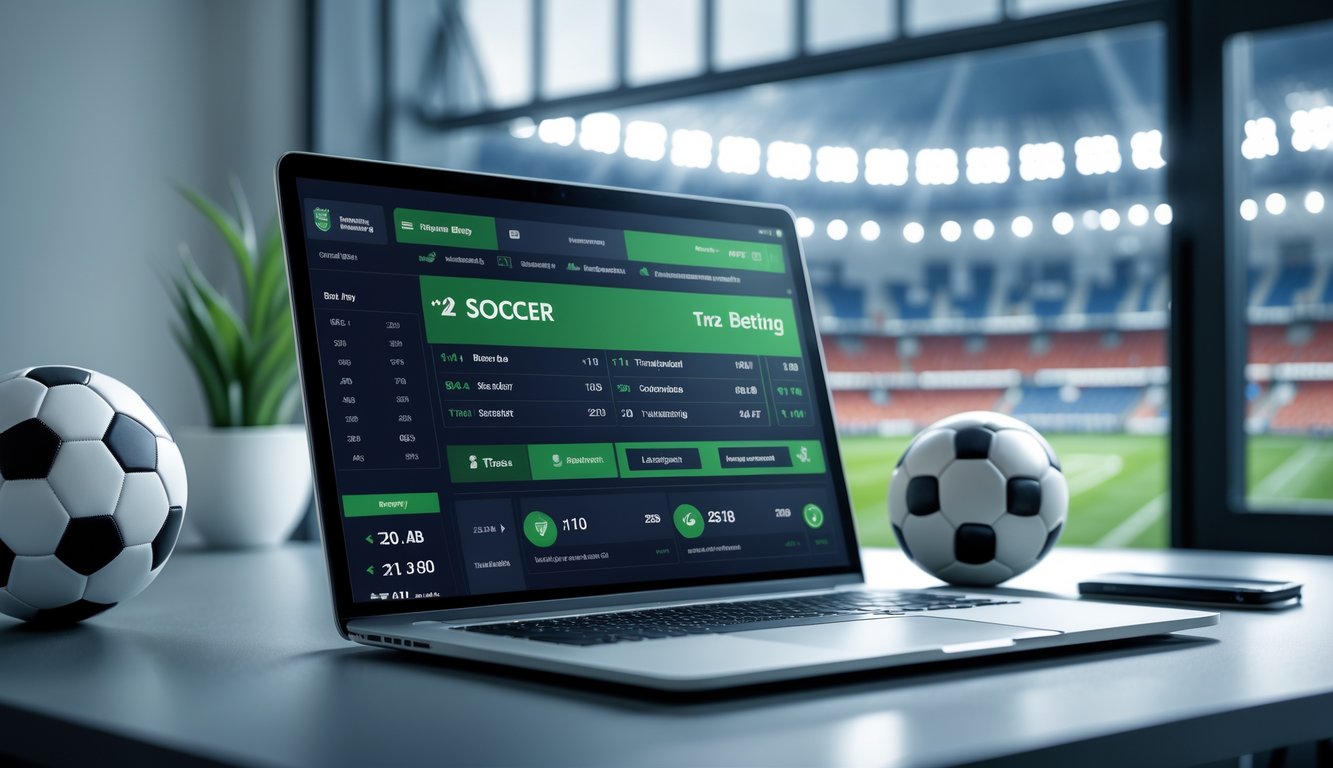 Seorang pengguna di depan komputer dengan tampilan taruhan sepak bola 1X2 dan bola sepak di meja, latar belakang stadion dengan lampu sorot.