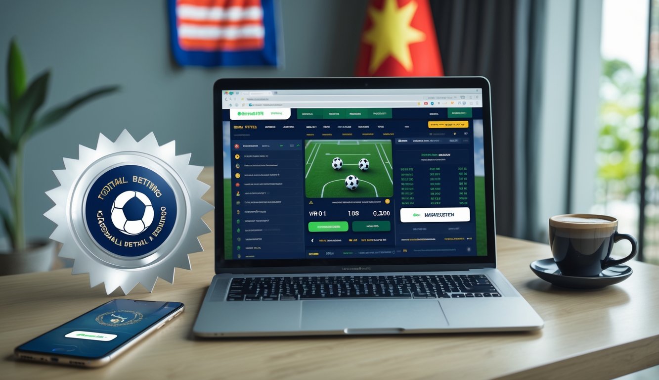 Meja kerja modern dengan laptop yang menampilkan situs taruhan sepak bola, ponsel dengan skor pertandingan, dan elemen yang menunjukkan kepercayaan di latar belakang.