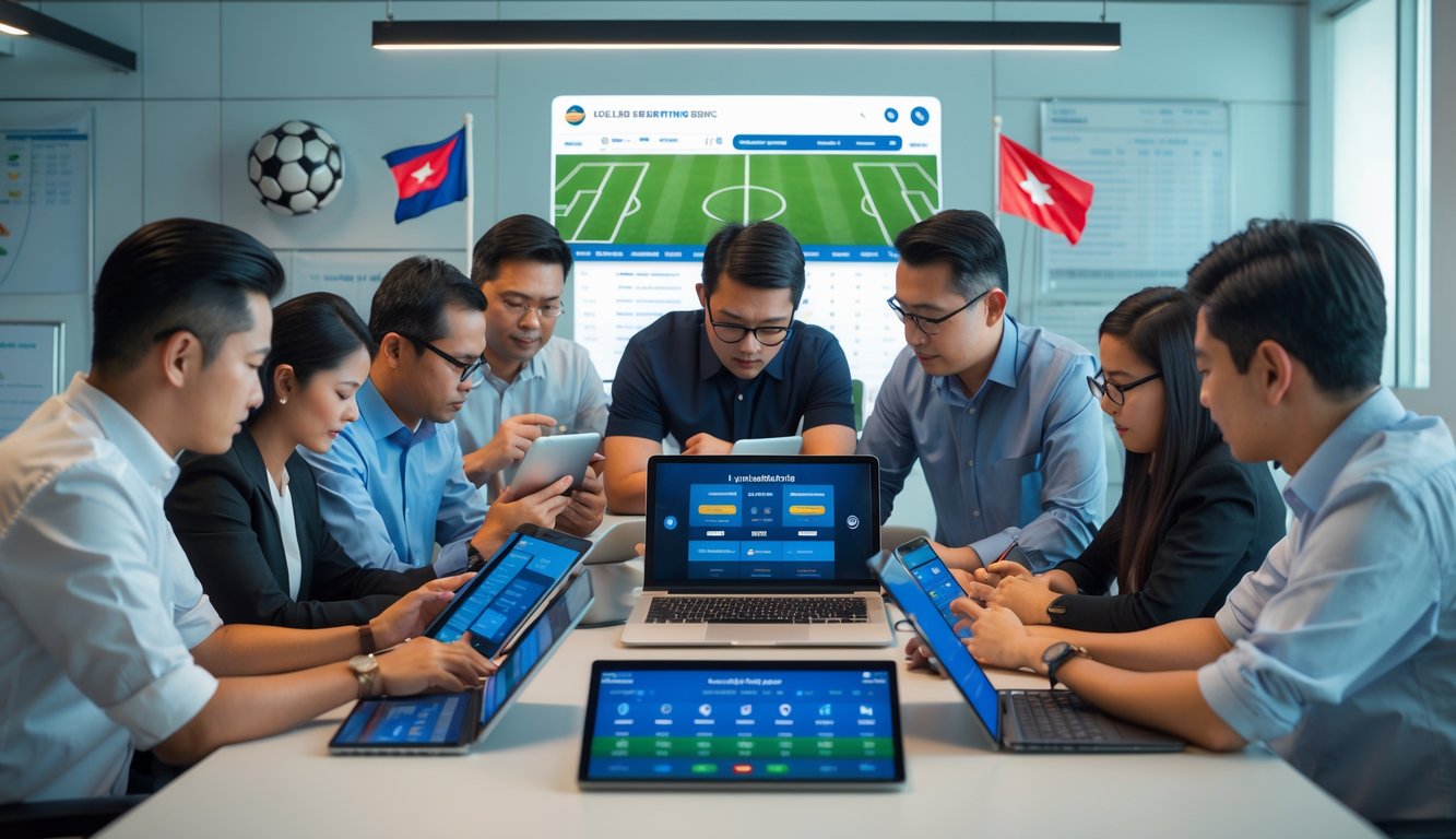 Beberapa orang menggunakan perangkat digital di ruang kantor modern dengan tema sepak bola dan bendera Indonesia.