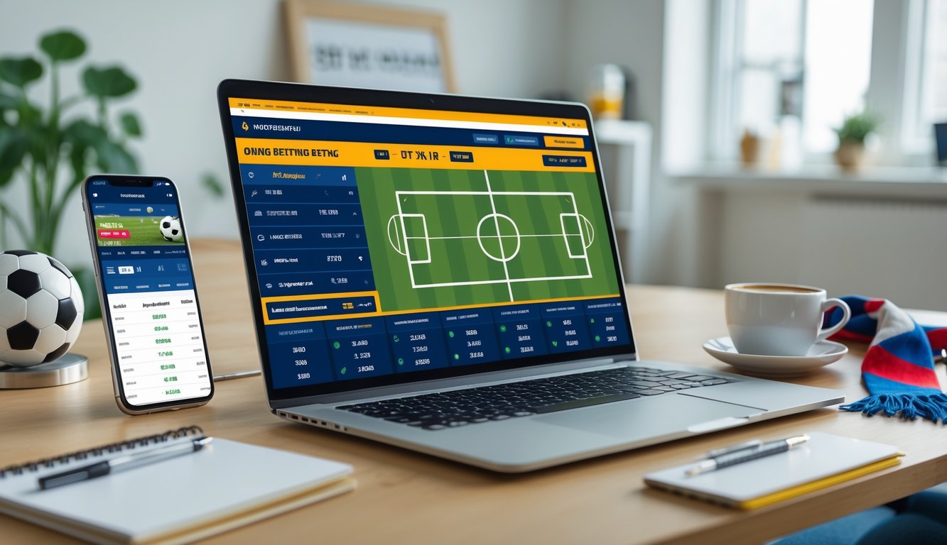 Seorang pria menggunakan laptop di meja kerja dengan layar menampilkan situs taruhan sepak bola online, dikelilingi oleh ponsel, secangkir kopi, dan alat tulis.