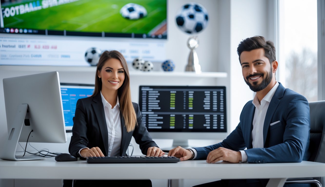 Dua orang profesional duduk di meja dengan beberapa monitor komputer yang menampilkan statistik sepak bola dan antarmuka taruhan 1X2.