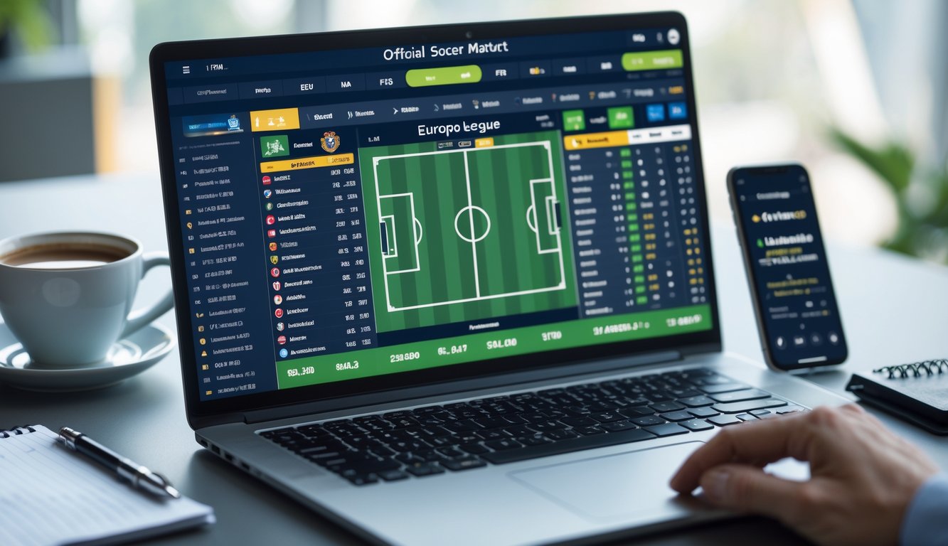 Seorang profesional menggunakan laptop di meja kerja dengan tampilan taruhan sepak bola online pasaran liga Eropa di layar.