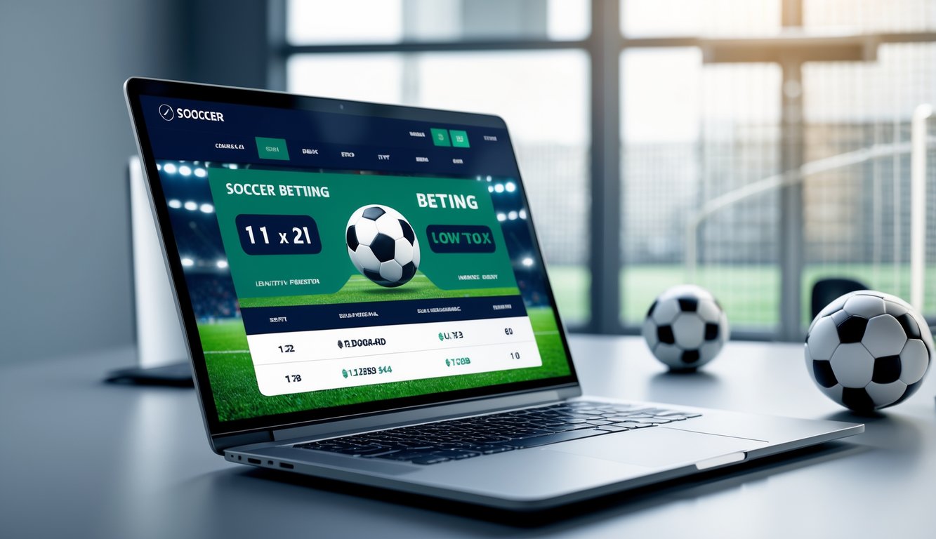 Seorang pria menggunakan laptop di meja kerja dengan latar belakang bola sepak dan stadion.