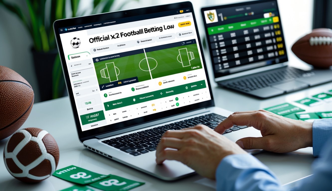 Seseorang menggunakan laptop di meja kerja dengan tampilan antarmuka taruhan sepak bola online dan bola sepak di sampingnya.