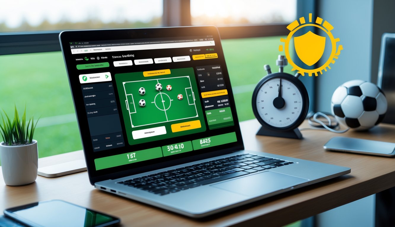 Orang sedang menggunakan laptop dengan tampilan antarmuka taruhan sepak bola online di meja kerja yang rapi.