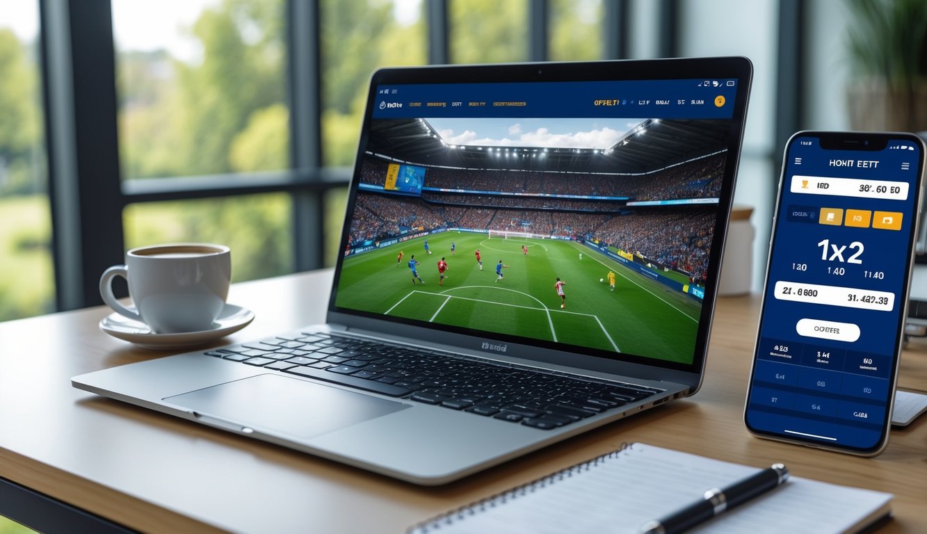 Seorang pria menggunakan laptop dan ponsel untuk memasang taruhan sepak bola secara online di meja kerja dengan latar belakang pertandingan sepak bola langsung.
