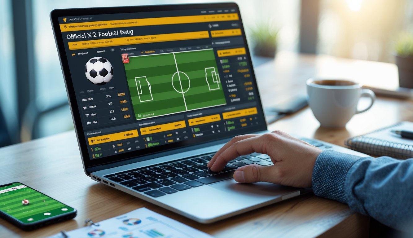 Seseorang menggunakan laptop untuk memasang taruhan sepak bola online dengan tampilan pertandingan sepak bola dan peluang taruhan di layar.
