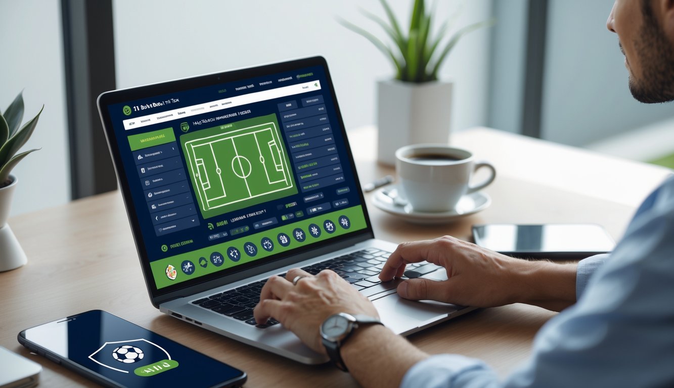 Seseorang menggunakan laptop di meja kerja dengan tampilan platform taruhan sepak bola online yang aman.