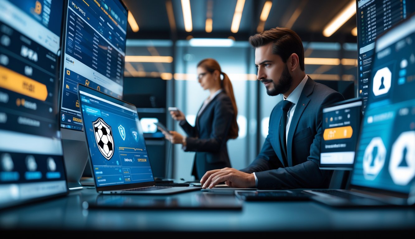 Dua profesional sedang melihat data taruhan sepak bola online dengan latar kantor modern dan simbol keamanan digital.