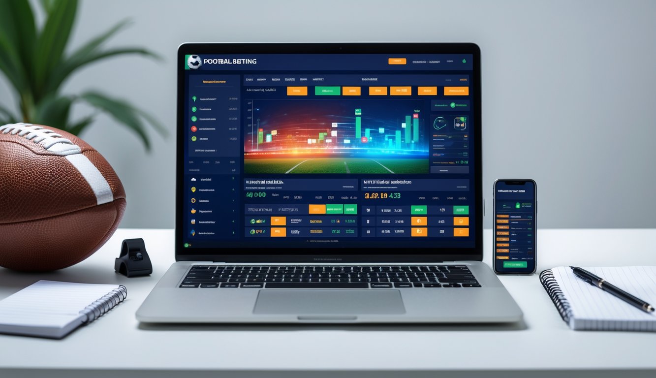 Antarmuka taruhan sepak bola online yang ditampilkan di laptop dan ponsel di atas meja dengan bola sepak dan peluit di sekitarnya.