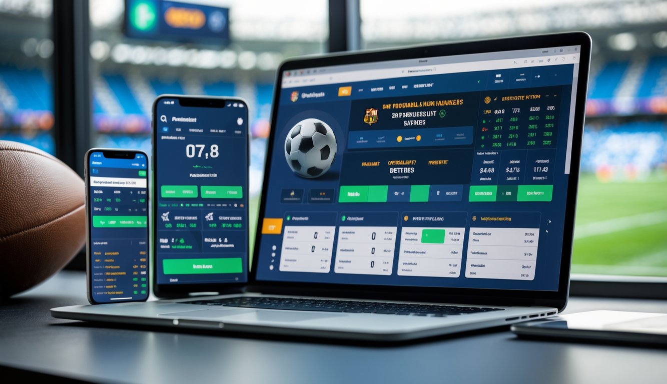 Seorang pria duduk di depan laptop dengan tampilan situs taruhan sepak bola online, dikelilingi oleh perangkat elektronik dan bola sepak di meja.