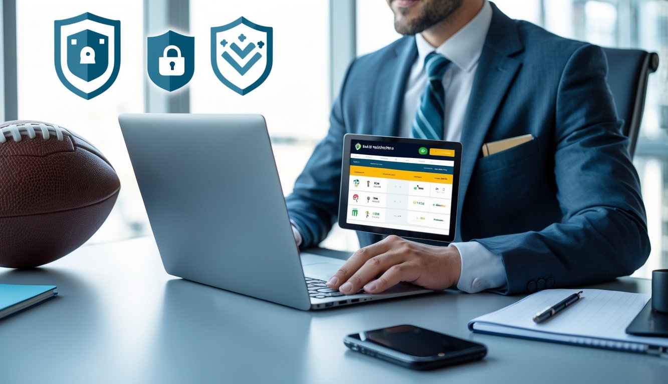 Seorang pria duduk di meja kantor modern menggunakan laptop dengan tampilan situs taruhan sepak bola, dikelilingi oleh simbol keamanan dan bola sepak.