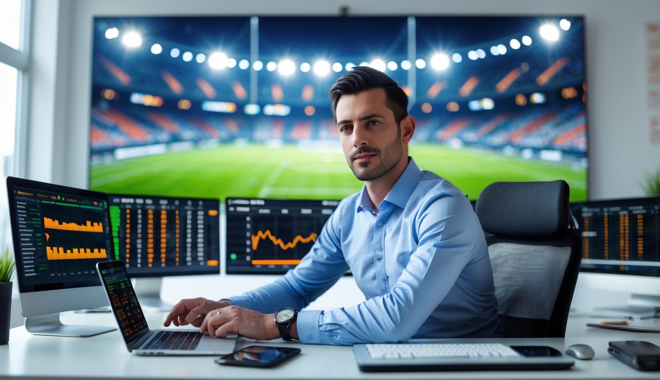 Seorang pria profesional duduk di meja kantor modern sambil melihat data taruhan sepak bola di beberapa layar komputer dengan latar belakang stadion sepak bola yang terang.