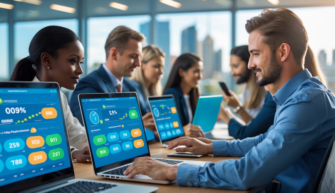 Orang-orang menggunakan laptop dan ponsel di kantor modern dengan latar belakang kota Sydney, fokus pada permainan lotere online.