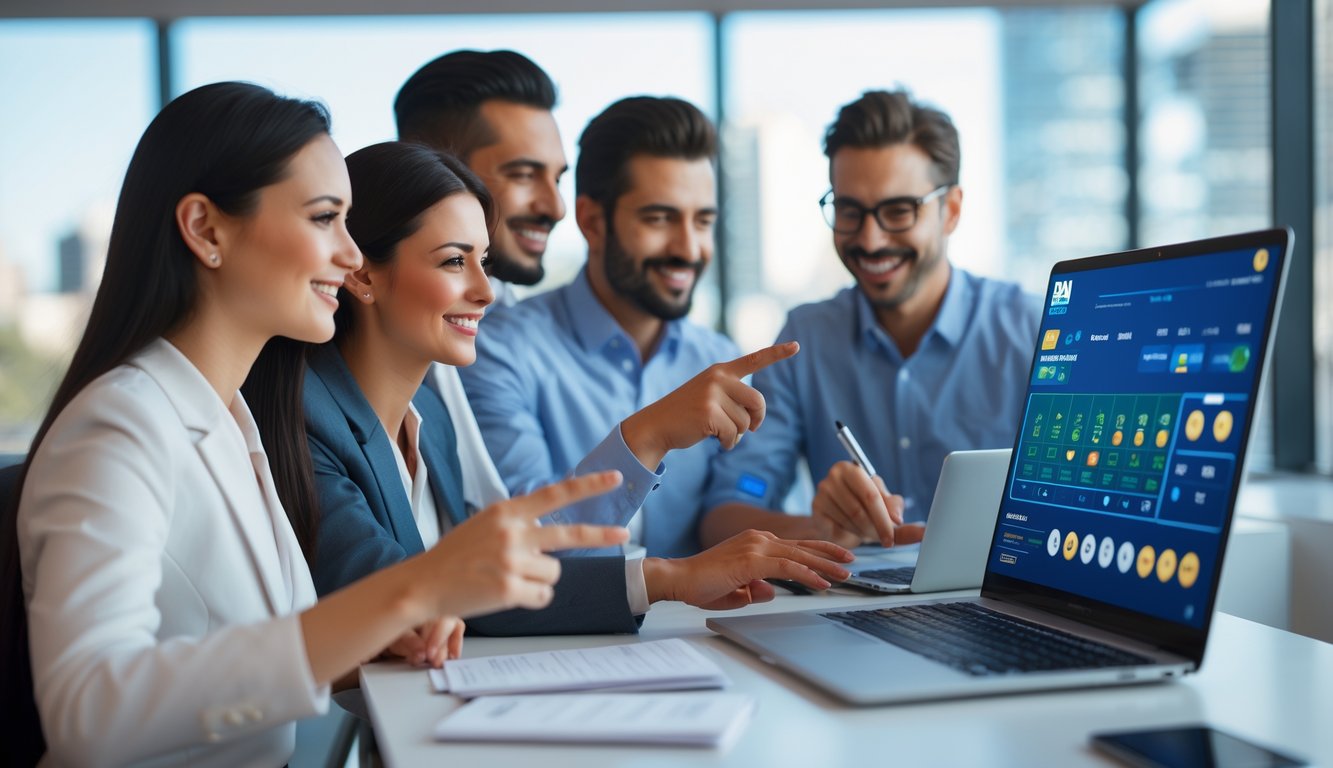 Sekelompok orang bekerja bersama menggunakan komputer di kantor modern dengan pemandangan kota Sydney di latar belakang.