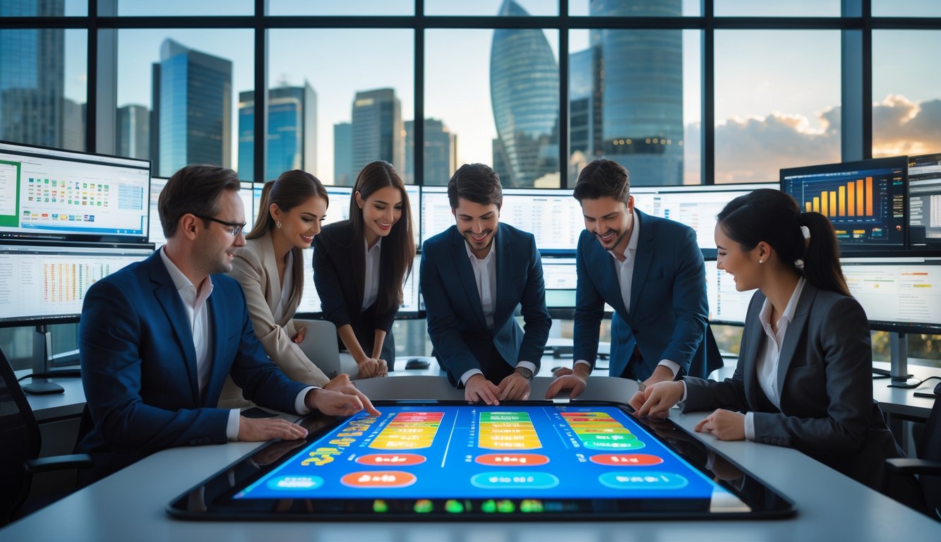 Sekelompok profesional muda bekerja bersama di kantor modern dengan layar digital besar yang menampilkan grafik dan data terkait lotere online.