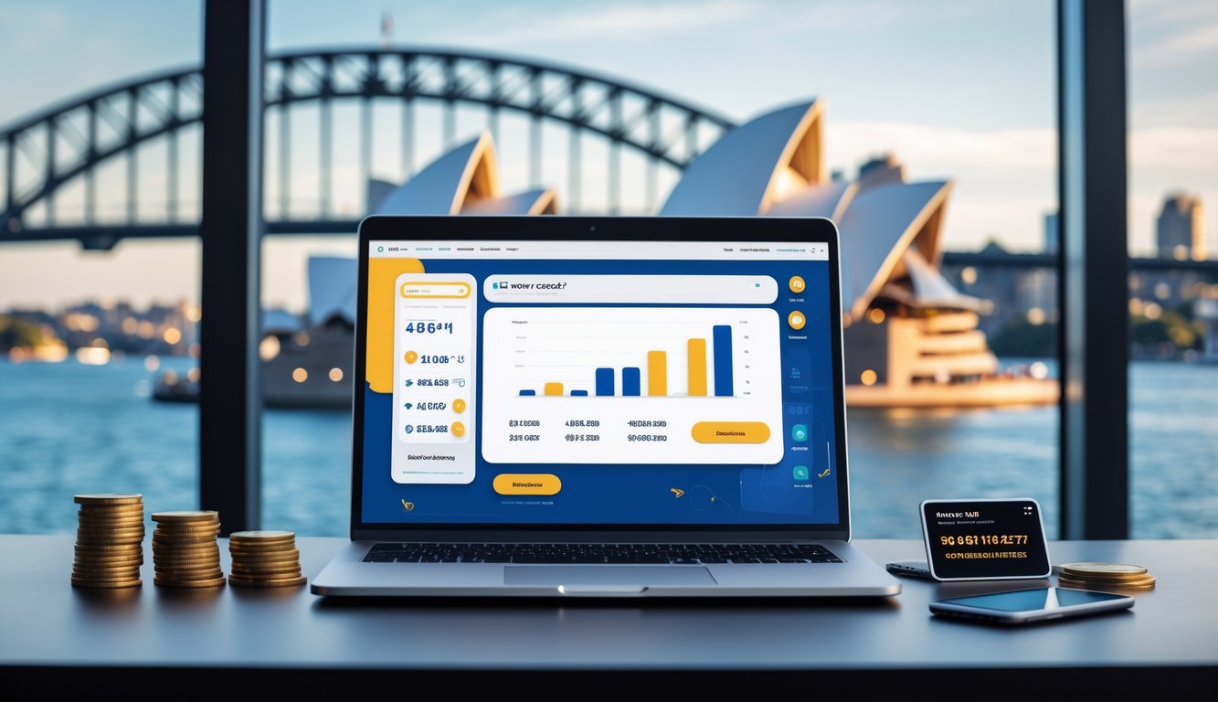 Seorang profesional bekerja di depan laptop dengan pemandangan kota Sydney di latar belakang, menampilkan suasana agen togel online resmi dengan elemen diskon dan cashback di meja.