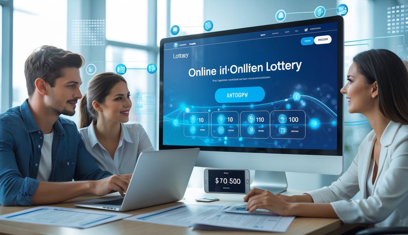 Dua orang dewasa muda sedang melihat layar komputer di kantor dengan perangkat digital di meja, menunjukkan suasana kerja profesional dan teknologi canggih.