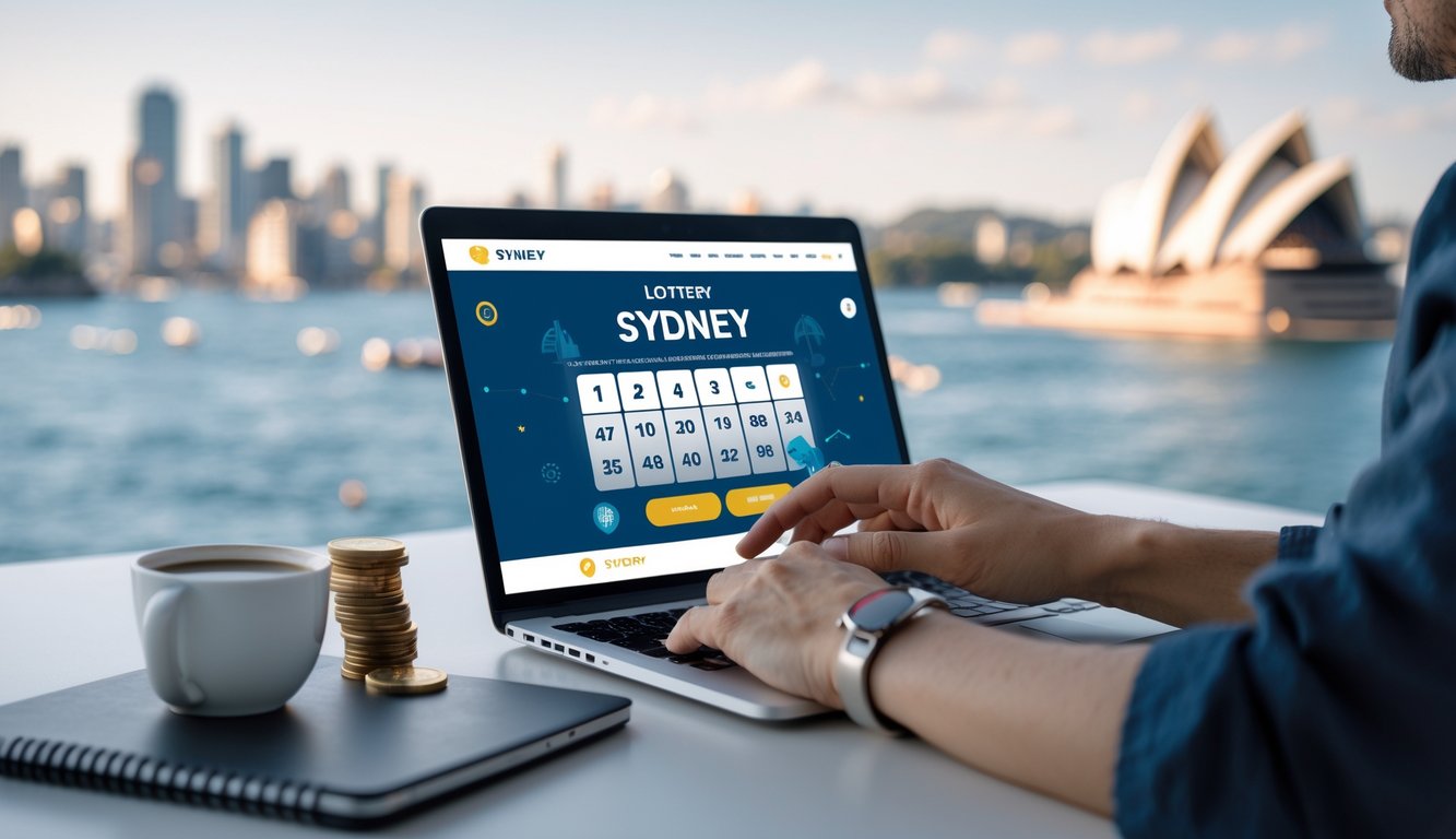 Seseorang menggunakan laptop atau ponsel untuk bermain togel online dengan latar belakang pemandangan kota Sydney yang samar.
