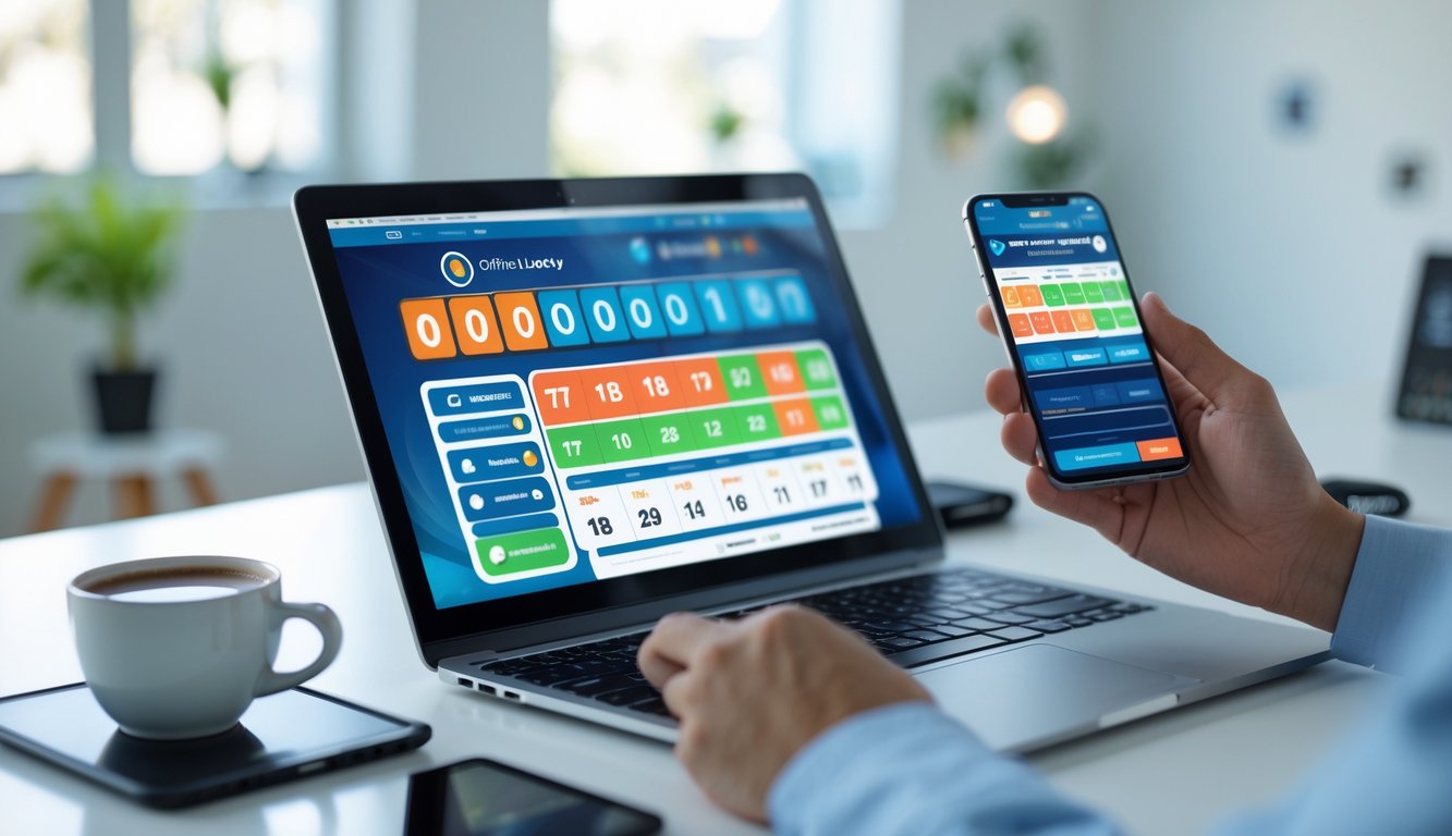 Sebuah ruang kerja modern dengan laptop dan ponsel yang menampilkan aplikasi togel online, suasana terang dan rapi.