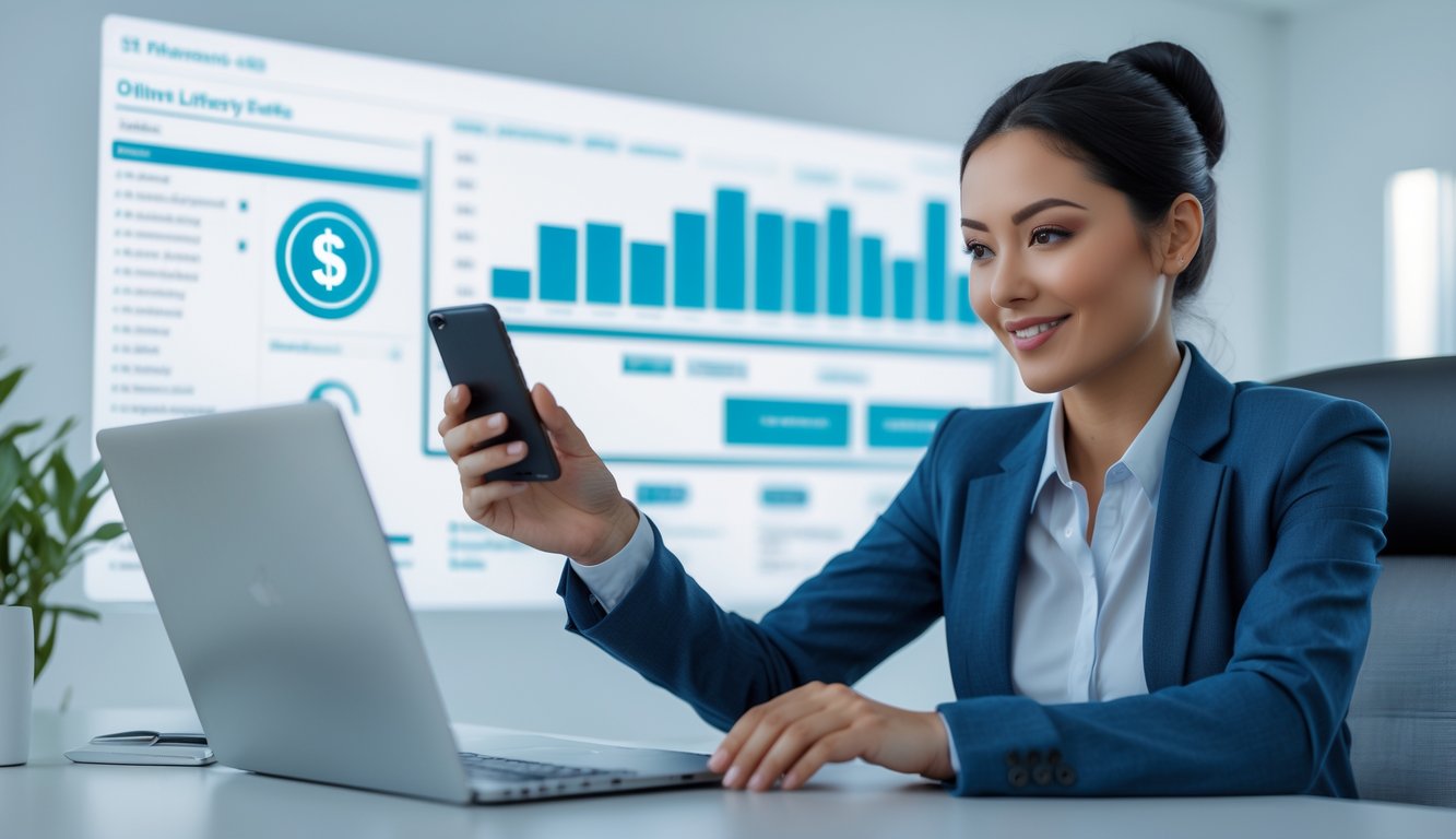 Seorang pria menggunakan laptop dan ponsel di ruang kantor yang terang, menunjukkan proses transaksi deposit dan penarikan secara online.