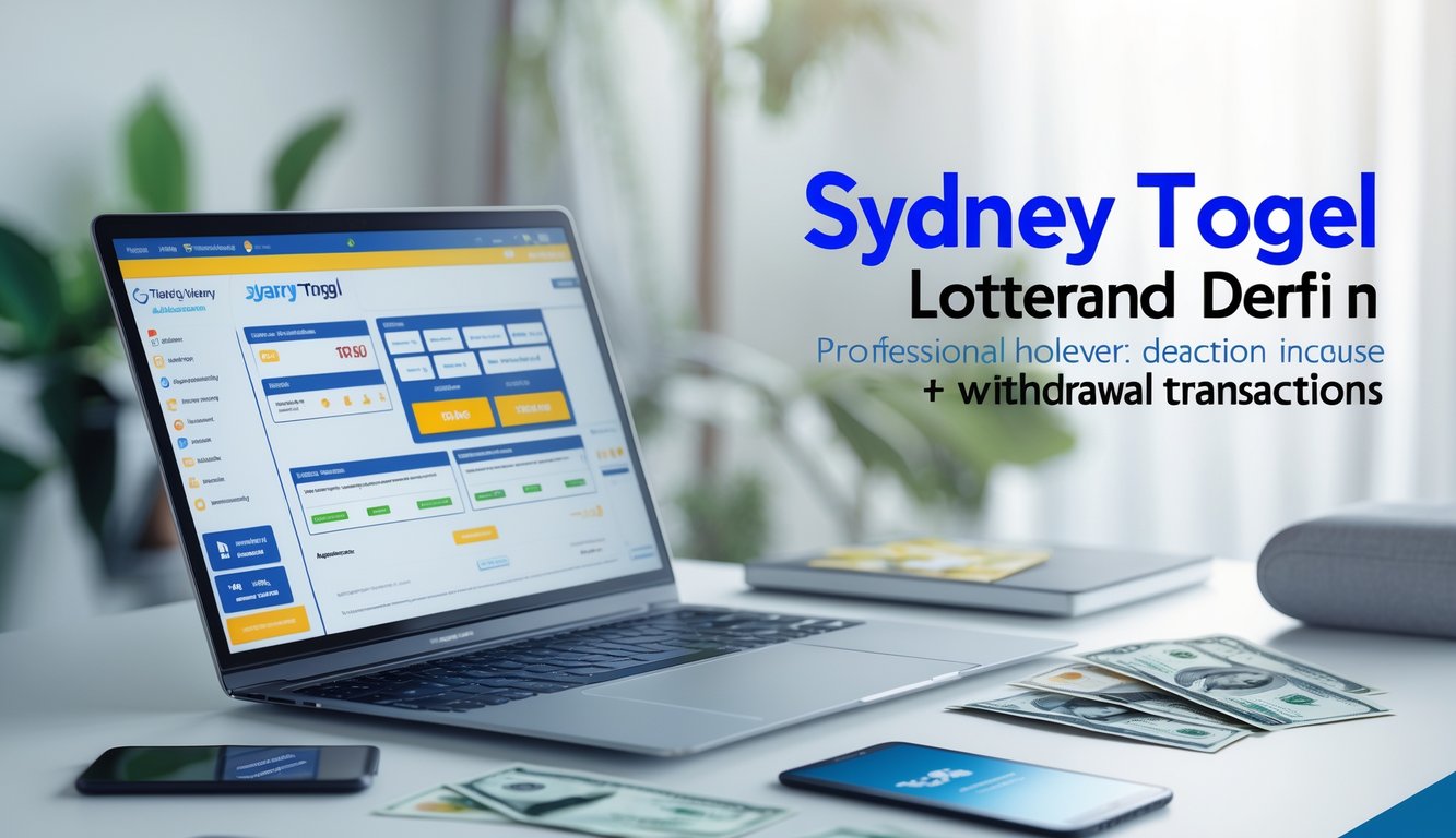 Meja kerja modern dengan laptop yang menampilkan platform togel online, smartphone, kartu kredit, dan uang tunai sebagai simbol transaksi cepat dan aman.