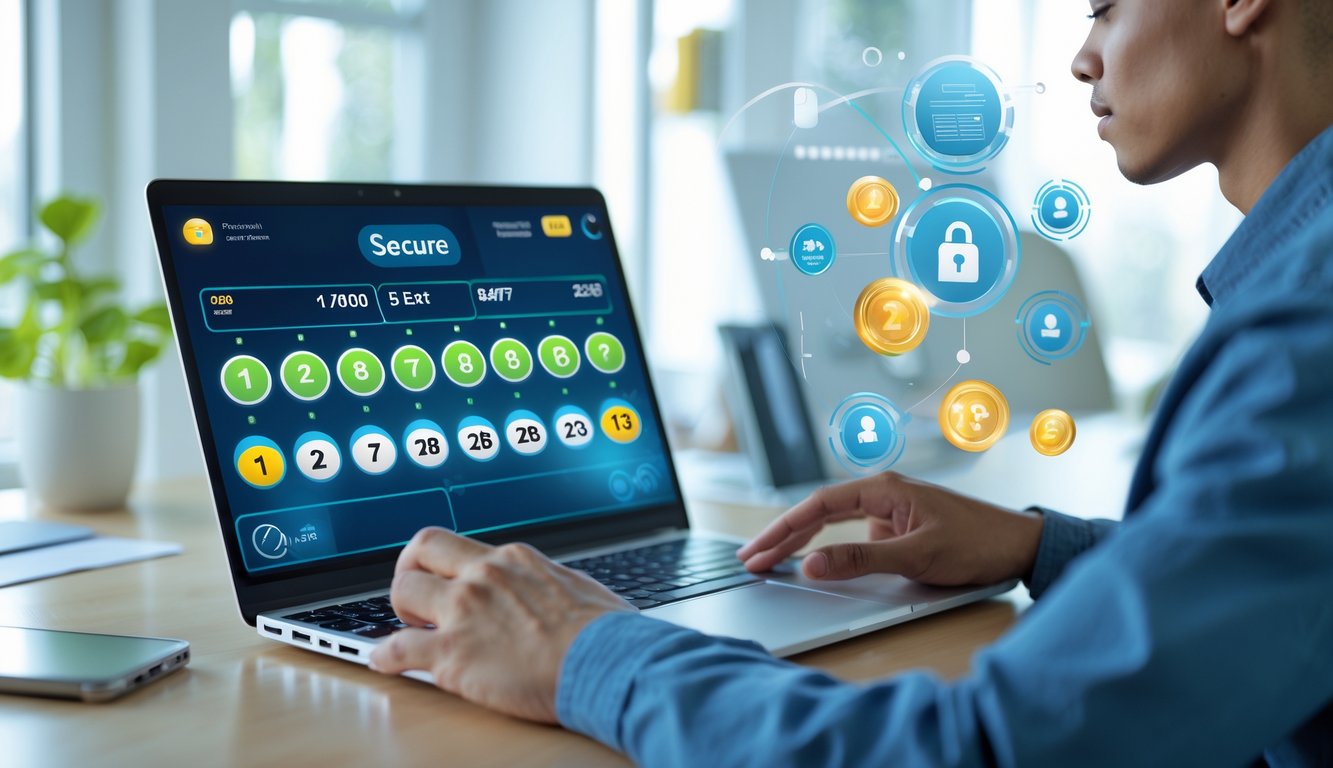 Seseorang menggunakan laptop di ruang kerja modern dengan tampilan digital terkait lotere online yang aman.